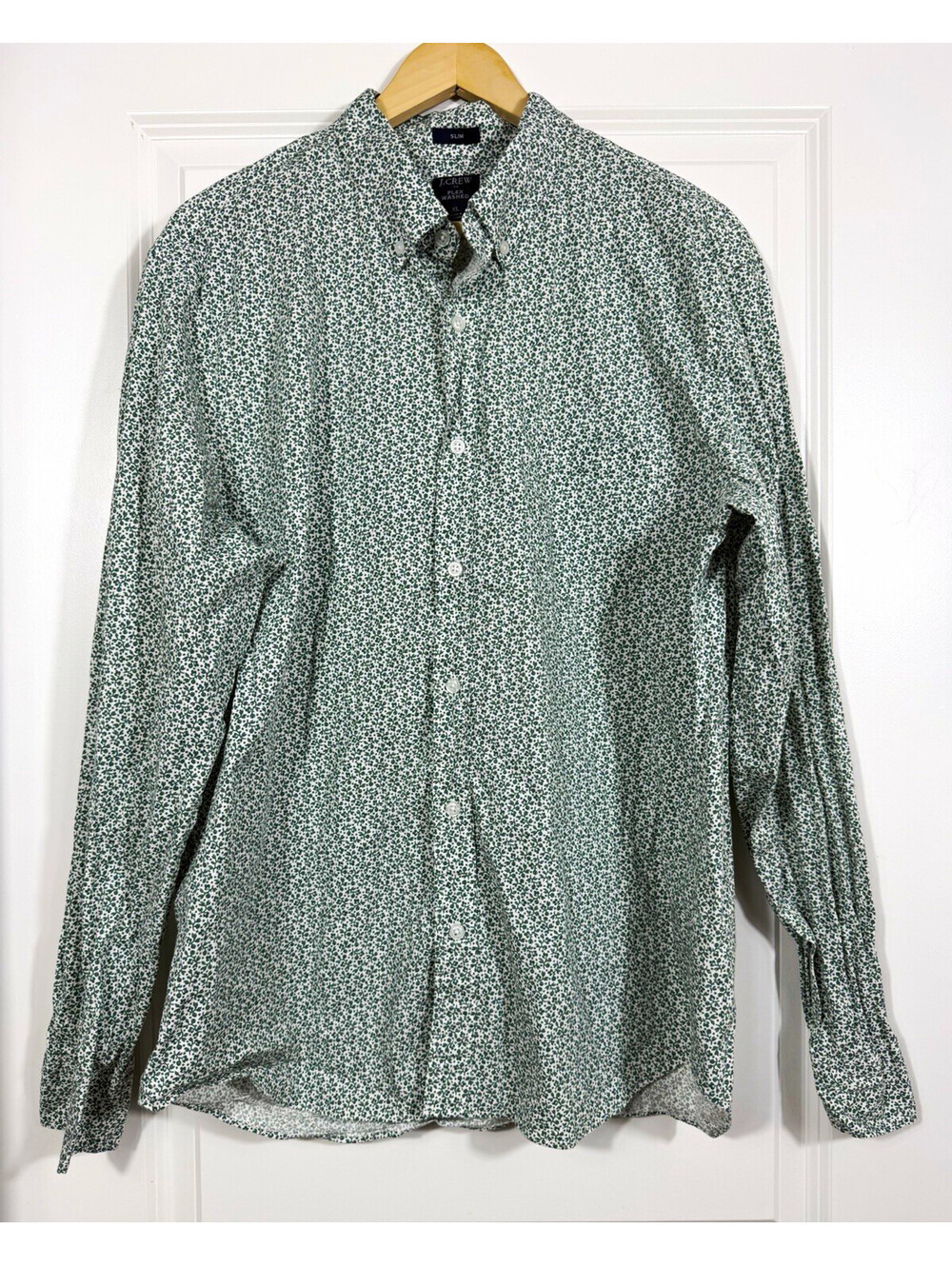 J.Crew Flex Washed Men’s Slim Fit Button-Down Shirt XL Green White Floral Print